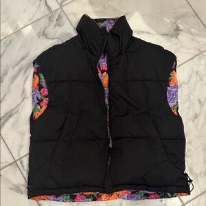 Zara Black Floral Women's Puffer Vest reversible